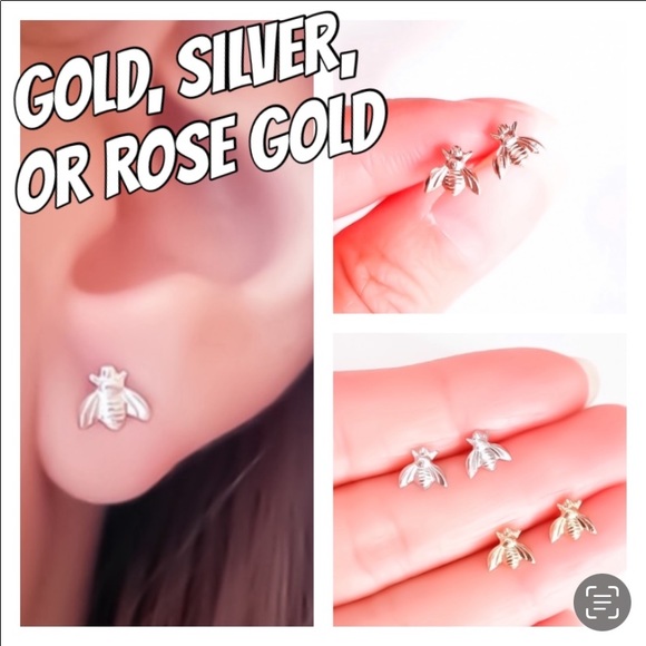 Tiny Honeybee Stud Earrings in 925 Sterling Silver, Gold, or Rose Gold Filled - Picture 2 of 15